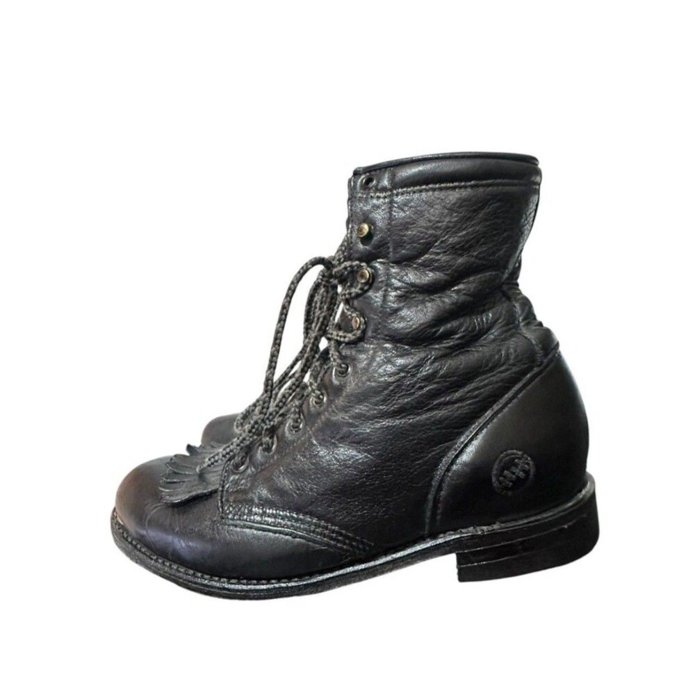Double H Women's Roper Kiltie Lace Up Boots Size 8.5 M Black Western Rodeo 9348
